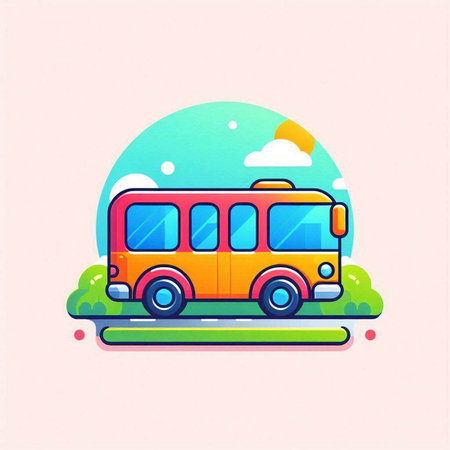 Vector illustration of a school bus on a background of green grass.のイラスト素材