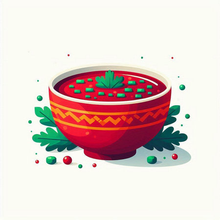 Bowl of red borscht with parsley. Vector illustration.のイラスト素材