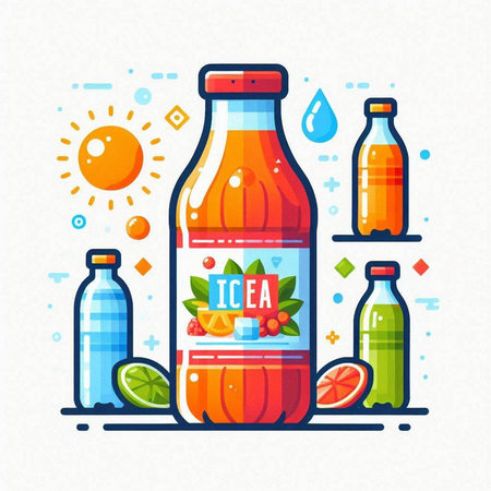 Bottle of cola and ingredients. Vector illustration in flat style.のイラスト素材