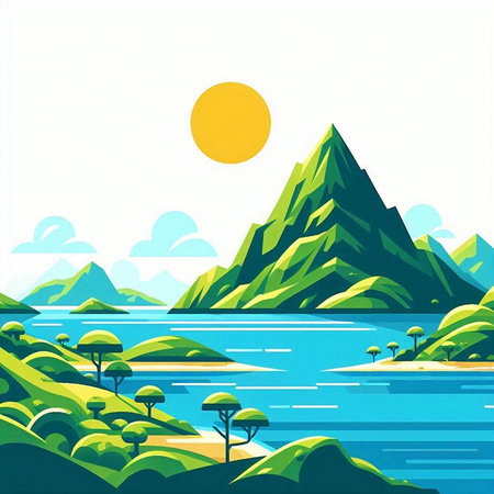 Beautiful landscape with mountains, river and trees. Vector illustration.のイラスト素材