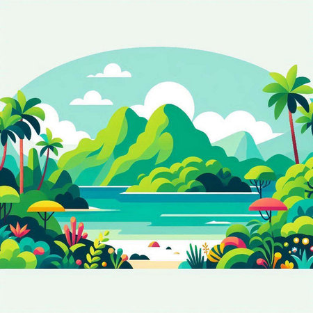 Tropical landscape with river, palm trees and mountains. Vector illustrationのイラスト素材