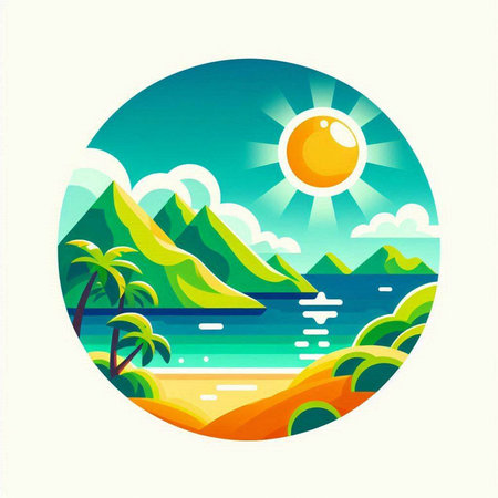 Vector illustration of a seascape with mountains, sun and cloudsのイラスト素材