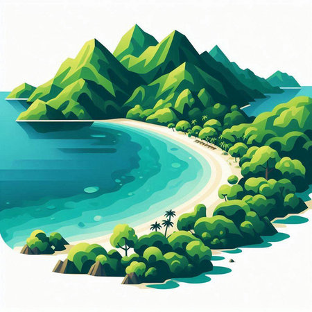 Illustration of a tropical beach with green trees and mountains on a white backgroundのイラスト素材