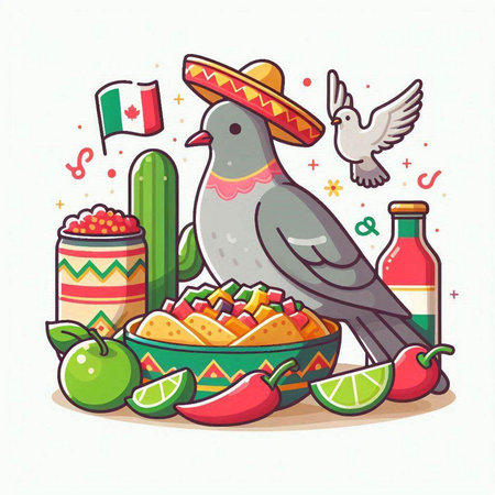 Pigeon with mexican food in bowl. Vector illustrationのイラスト素材