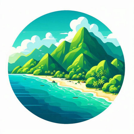 Tropical beach with palm trees and mountains. Vector illustration.のイラスト素材