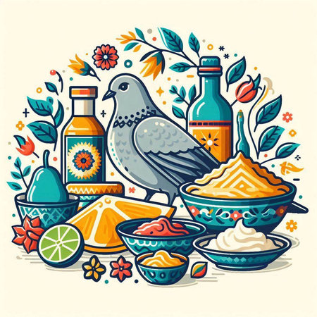 Pigeon and ingredients for mexican cuisine, vector illustrationのイラスト素材