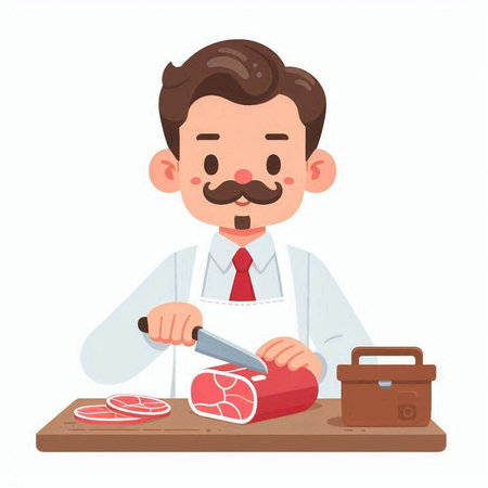 Butcher cutting meat with a knife. Vector illustration in cartoon styleのイラスト素材