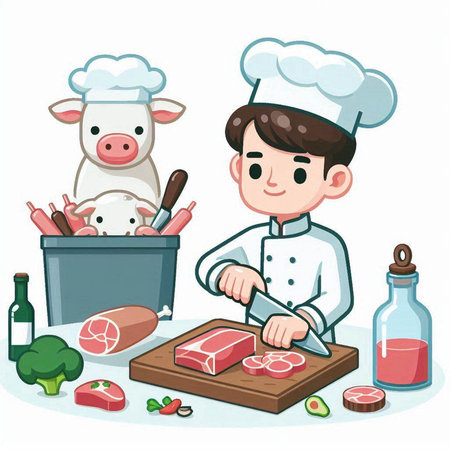 Illustration of a Cute Kid Chef Preparing Steaks in the Kitchenのイラスト素材
