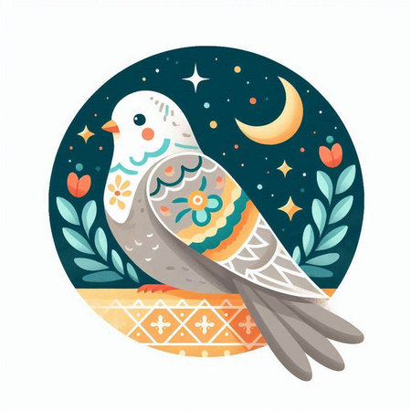 Pigeon on the background of the moon and stars. Vector illustration.のイラスト素材