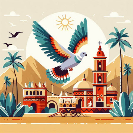Eagle flies over the mosque. Vector illustration in retro style.のイラスト素材