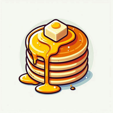 Illustration of a stack of pancakes with honey and butter. Vector illustration.のイラスト素材