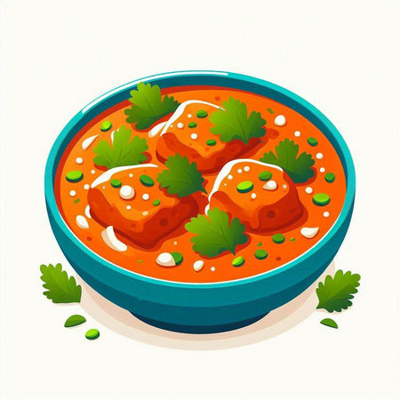 Vector illustration of a tomato soup with meatballs in a bowl.のイラスト素材