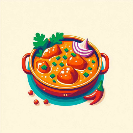 Indian cuisine vector illustration. Traditional indian masala curry in a bowl.のイラスト素材