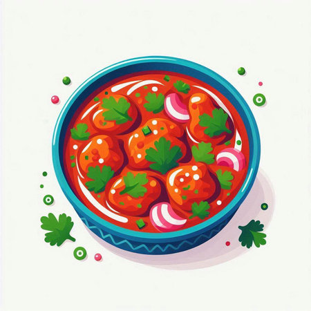 Vector illustration of a bowl of tomato sauce with parsley and radishのイラスト素材