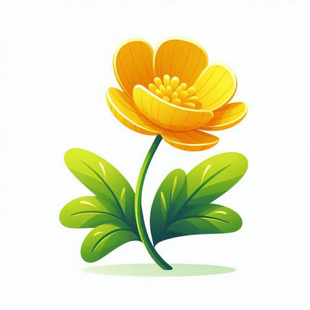 Cute yellow flower with green leaves on a white background. Vector illustration.のイラスト素材