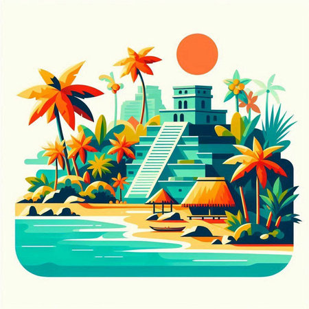 Tropical island with palm trees. Vector illustration in flat styleのイラスト素材