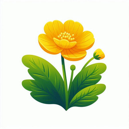 Illustration of a yellow flower with green leaves on a white backgroundのイラスト素材