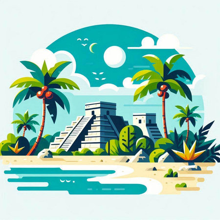 Tropical island with palm trees and pyramid. Vector illustration.のイラスト素材