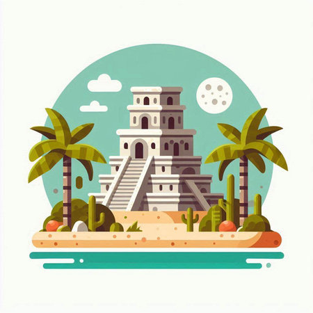 Tropical island with famous landmarks. Vector illustration in flat styleのイラスト素材