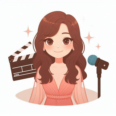Cute girl with movie clapper and microphone. Vector illustration.のイラスト素材