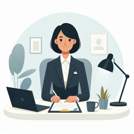 Business woman working in the office. Vector illustration in flat style.のイラスト素材
