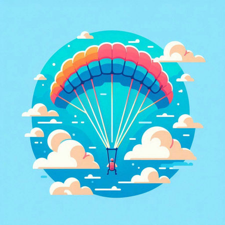 Parachute flying in the sky with clouds. Vector illustration.のイラスト素材