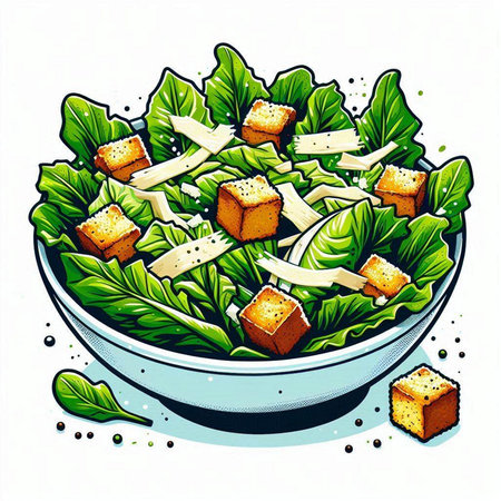 Illustration of a bowl of salad with croutons and lettuceのイラスト素材
