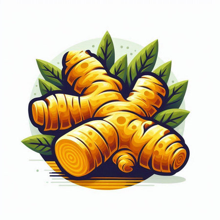 Ginger root with leaves on white background. Vector illustration in cartoon style.のイラスト素材