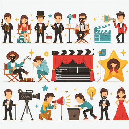 Cinema icons set with actors and movie director isolated vector illustrationのイラスト素材