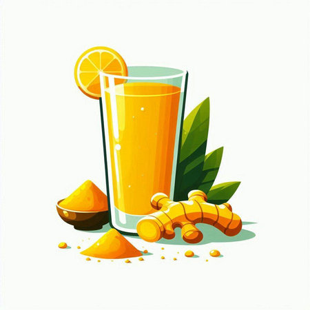 Glass of turmeric juice with ingredients on white background. Vector illustration.のイラスト素材