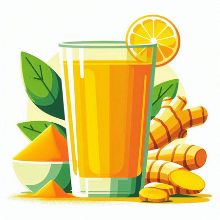 Glass of fresh turmeric juice with ginger, lemon and mint leaves. Vector illustration.のイラスト素材