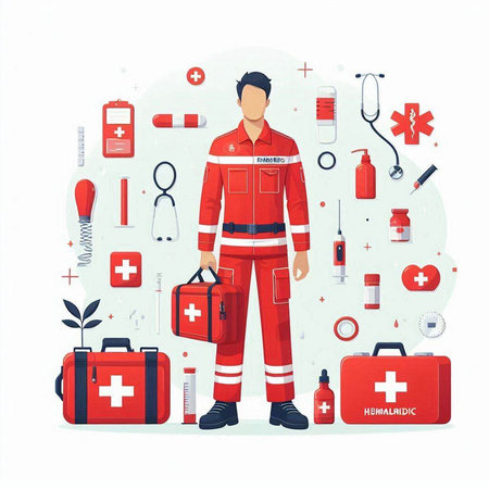 Vector illustration of a paramedic in uniform with first aid kit.のイラスト素材