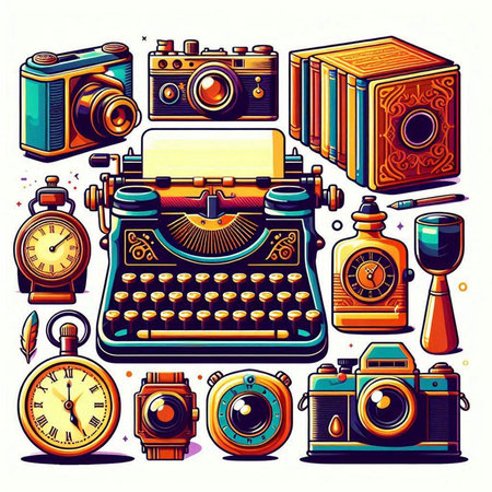 Vintage typewriter, camera and other vintage items. Vector illustrationのイラスト素材