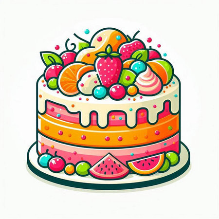 Colorful cake with fruits. Vector illustration isolated on white background.のイラスト素材