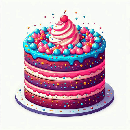 Birthday cake with cream, cherry and sprinkles. Vector illustration.のイラスト素材