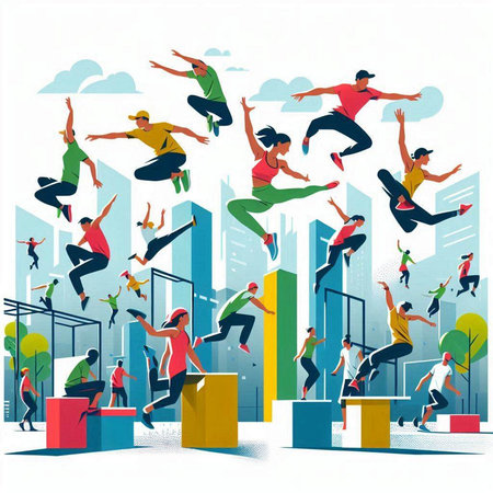 Vector illustration of young people jumping in the city. Men and women in a jump.のイラスト素材