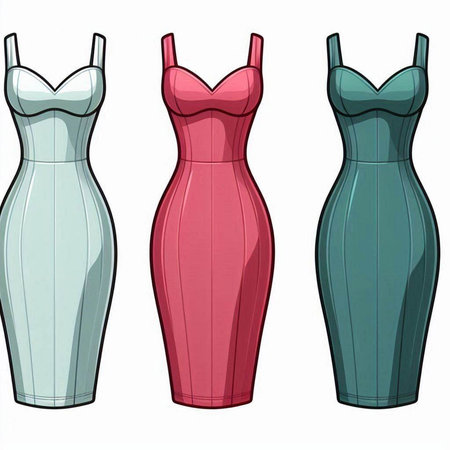 Illustration of a set of women's dresses in different colors.のイラスト素材