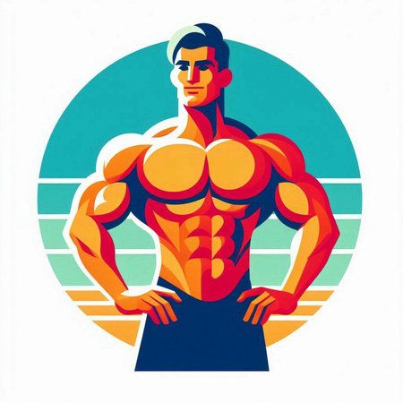 Muscular man bodybuilder on a blue background. Vector illustration.のイラスト素材