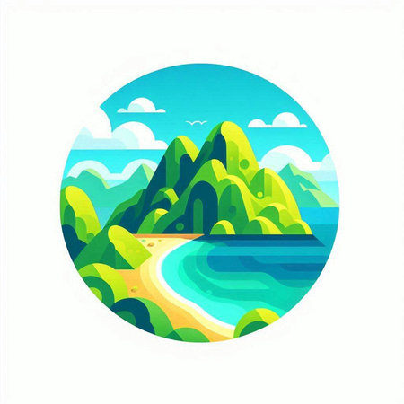 Beautiful landscape with mountains, sea and sand. Vector illustration.のイラスト素材