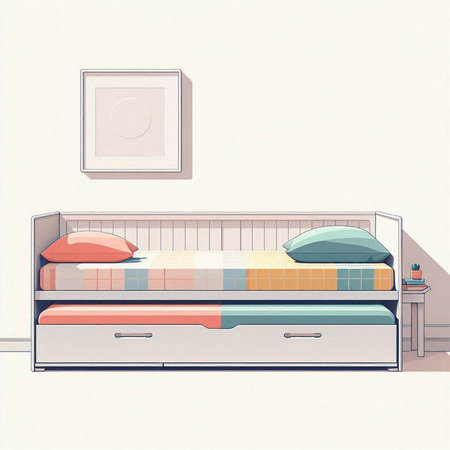 Illustration of a single bed in a room with a white wallのイラスト素材