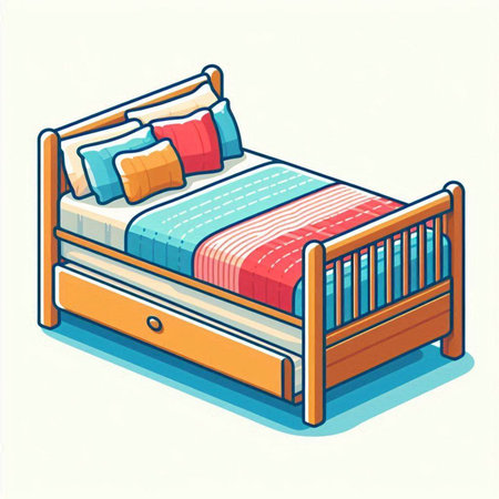 Illustration of a wooden bed with pillows on a white backgroundのイラスト素材