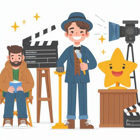 Cinema director with camera and clapperboard. Vector illustrationのイラスト素材