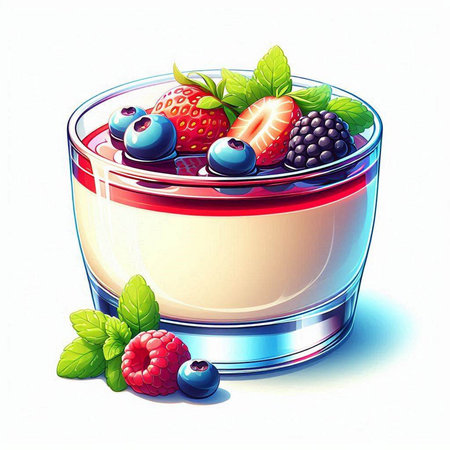 Creamy yogurt with berries in a glass. Vector illustration.のイラスト素材