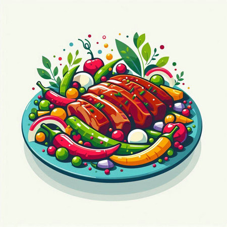 Grilled meat with vegetables on a plate. Vector illustration of a cartoon style.のイラスト素材