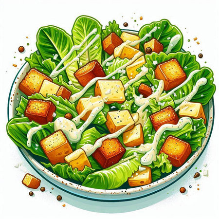 Vegetable salad with tofu and sesame seeds. Vector illustration.のイラスト素材