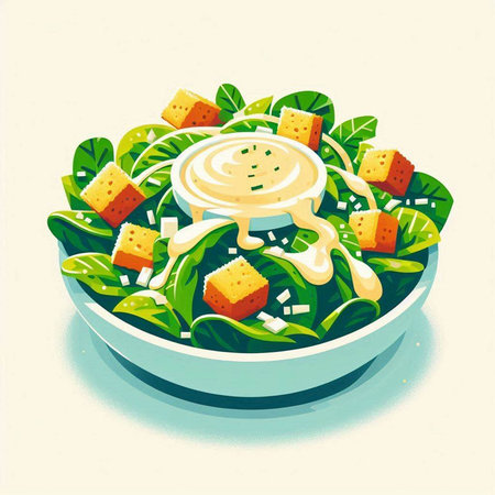 Illustration of a bowl of salad with croutons and mayonnaiseのイラスト素材