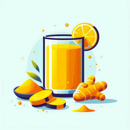 Orange juice in a glass with ginger and lemon. Vector illustration.のイラスト素材