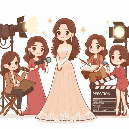 Illustration of a group of beautiful girls on a movie set.のイラスト素材