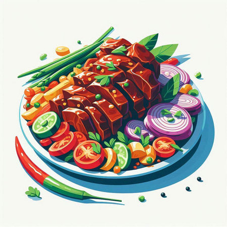 Grilled beef with vegetables on a plate. Vector illustration in retro style.のイラスト素材