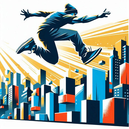 Skateboarder jumping in the city, vector illustration. Retro style.のイラスト素材